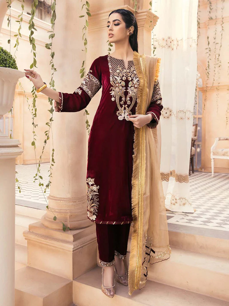 Embroidered Velvet 3-Piece Dress with Embroidered Organza - 1002