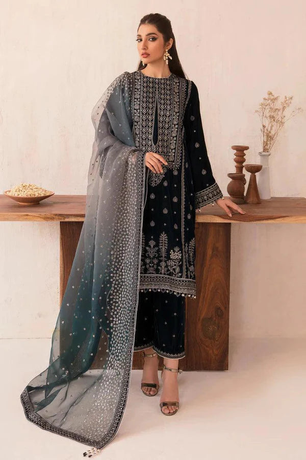 3PC Velvet Embroidered Dress With Embroidered Organza Dupatta - 1025