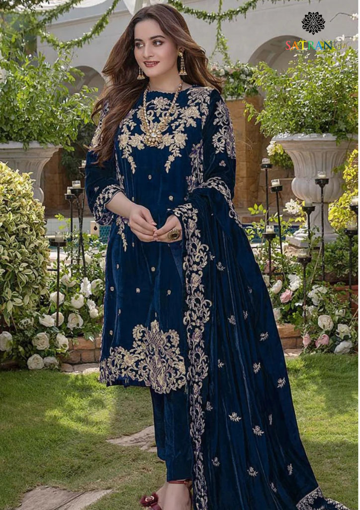 Embroidered Velvet Three piece With Velvet Shawl - 1036