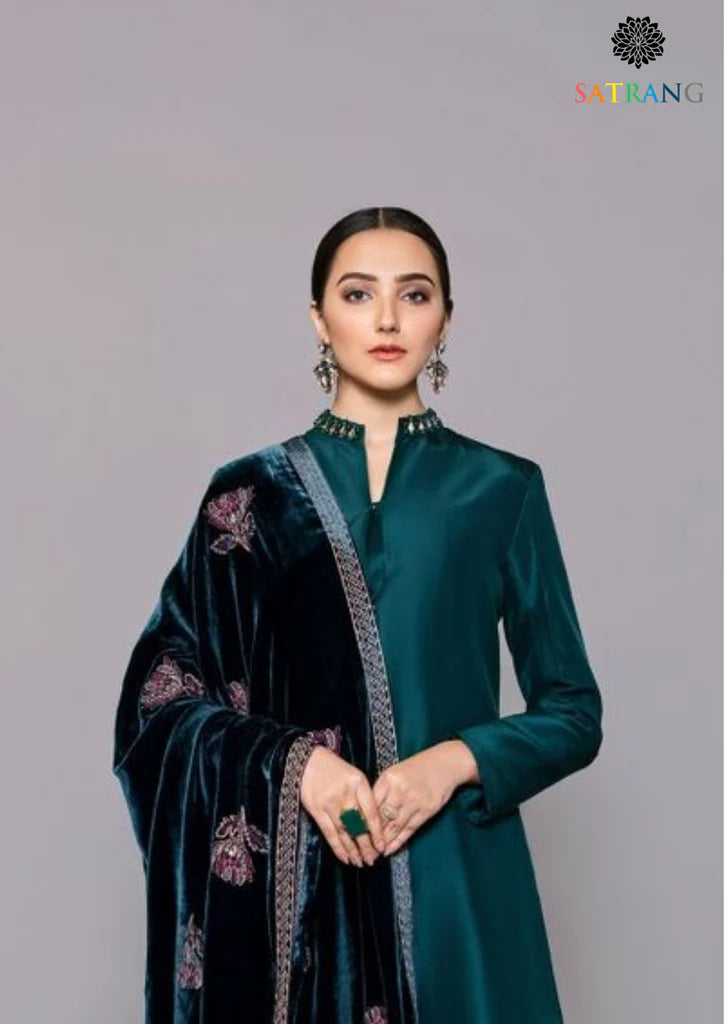 3PC Shamoz Silk Dress Embroidered Velvet Shawl - 1008