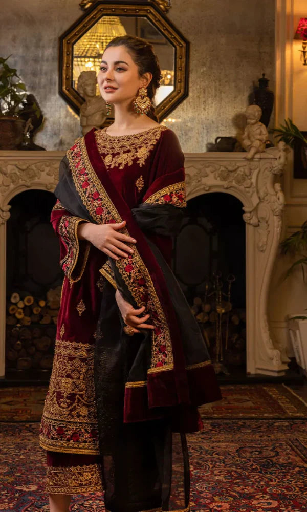 3PC Velvet Embroidered Shirt With Organza Embroidered Dupatta - 1029