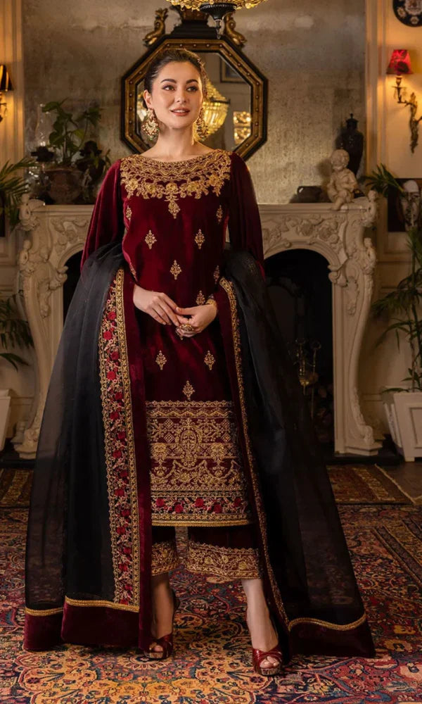 3PC Velvet Embroidered Shirt With Organza Embroidered Dupatta - 1029