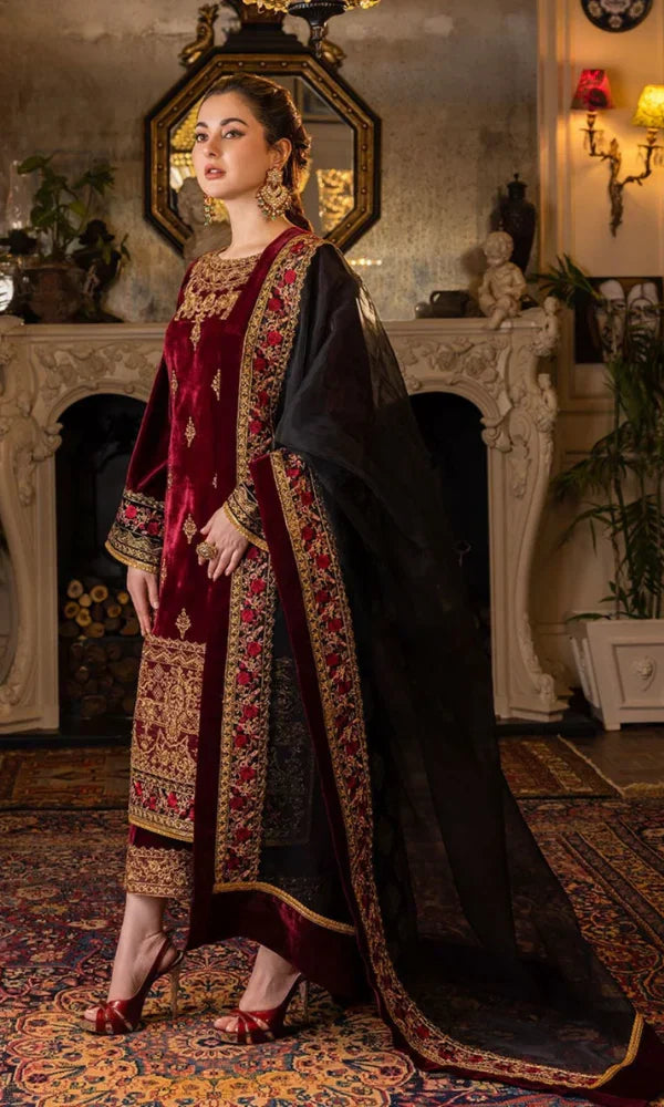 3PC Velvet Embroidered Shirt With Organza Embroidered Dupatta - 1029