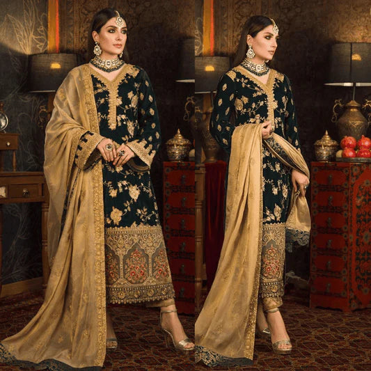 3 PC Velvet Embroidered Shirt With Organza Embroidered Dupatta - 1007