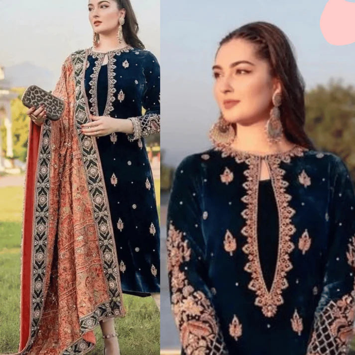 3PC Velvet Embroidered Dress With Dhanak Shawl - 1018
