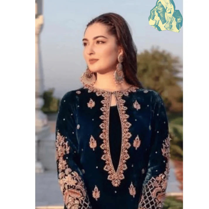 3PC Velvet Embroidered Dress With Dhanak Shawl - 1018