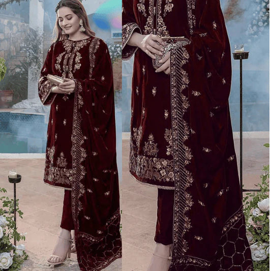 3PC Embroidered Velvet Dress With Velvet Shawl - 1022