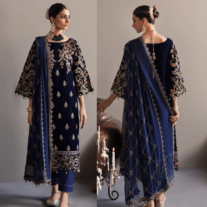3Piece Embroidered Velvet Dress - 1009