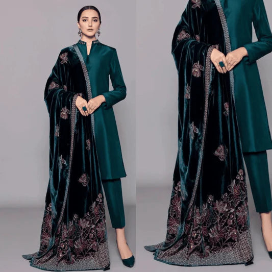 3PC Shamoz Silk Dress Embroidered Velvet Shawl - 1008