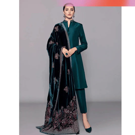3PC Shamoz Silk Dress Embroidered Velvet Shawl - 1008