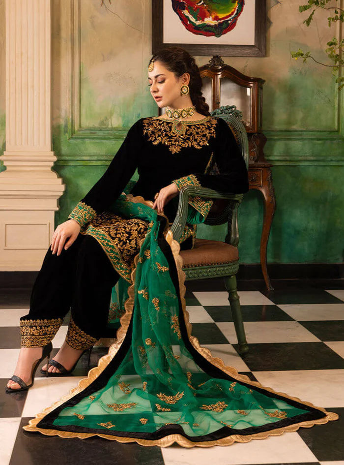 3-Piece Embroidered Velvet Suit Embroidered Organza Dupatta - 1038