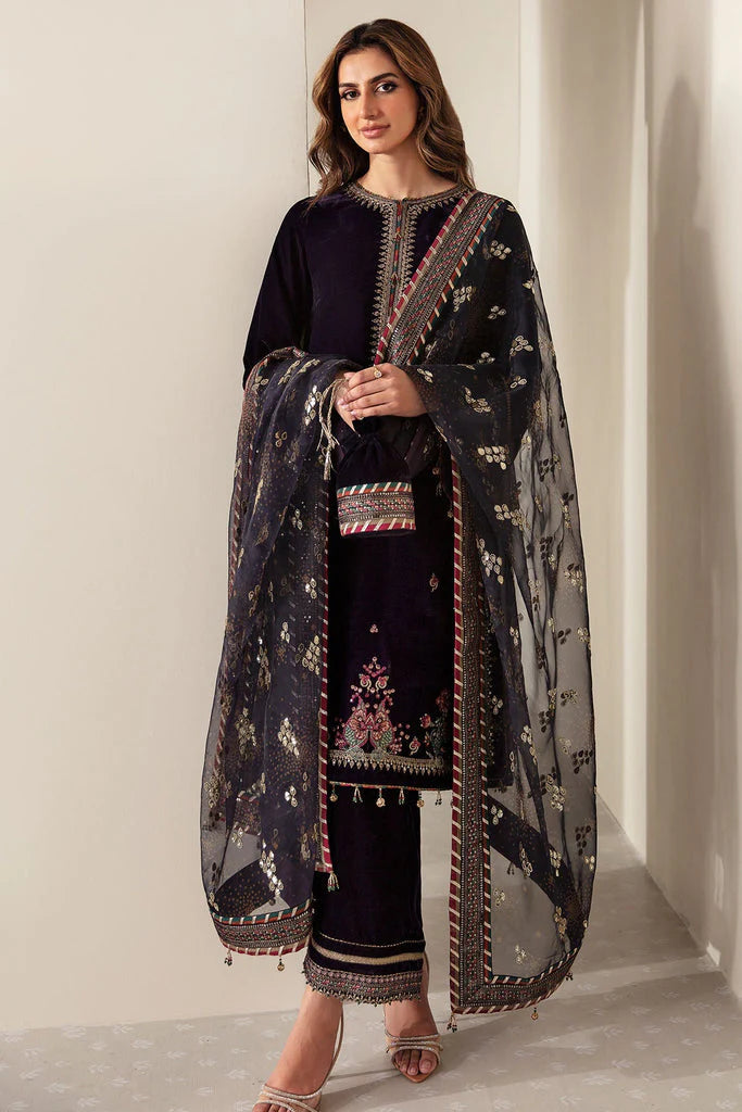 3-Piece Embroidered Velvet Suit Embroidered Organza Dupatta - 1024