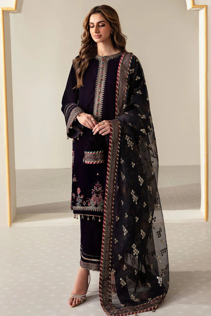 3-Piece Embroidered Velvet Suit Embroidered Organza Dupatta - 1024