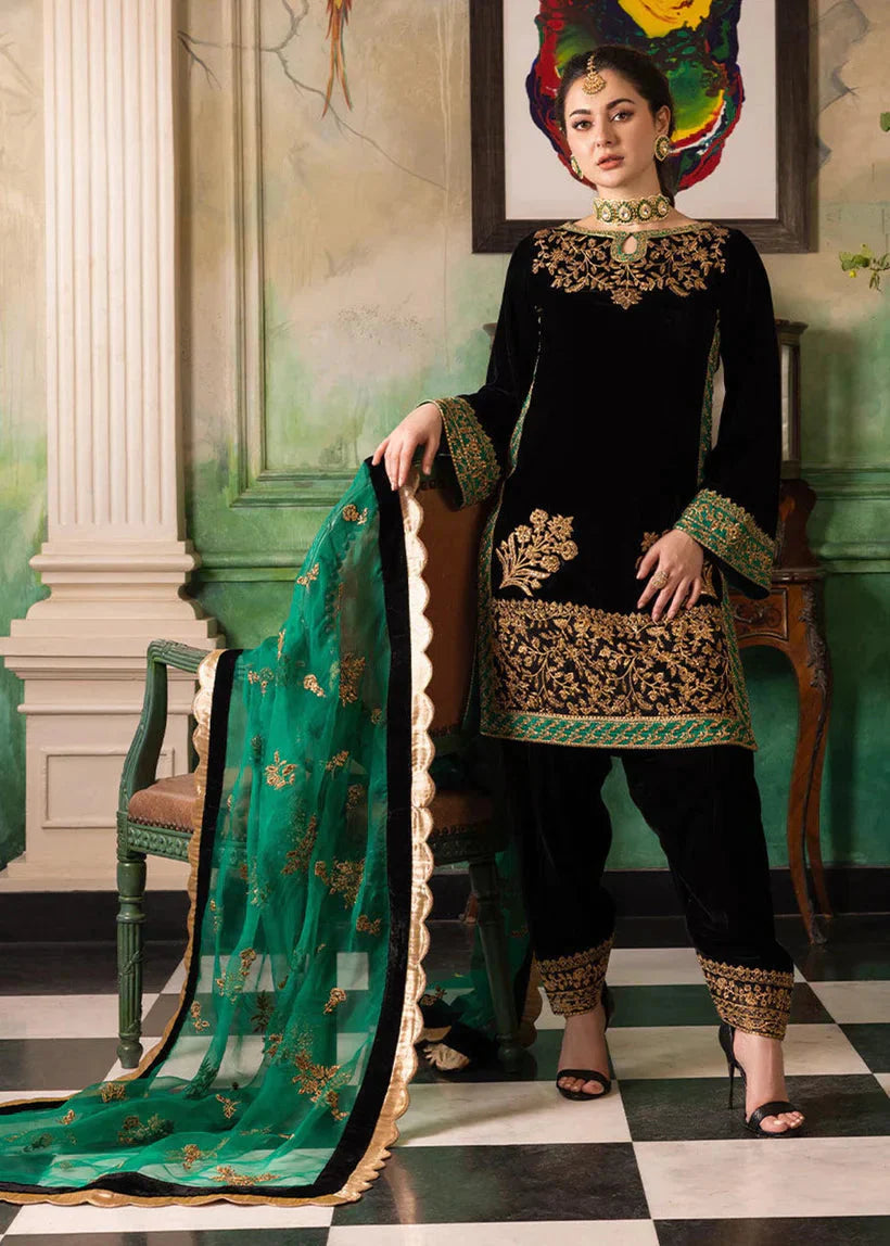 3-Piece Embroidered Velvet Suit Embroidered Organza Dupatta - 1038