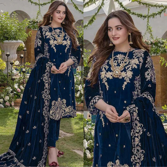 Embroidered Velvet Three piece With Velvet Shawl - 1036